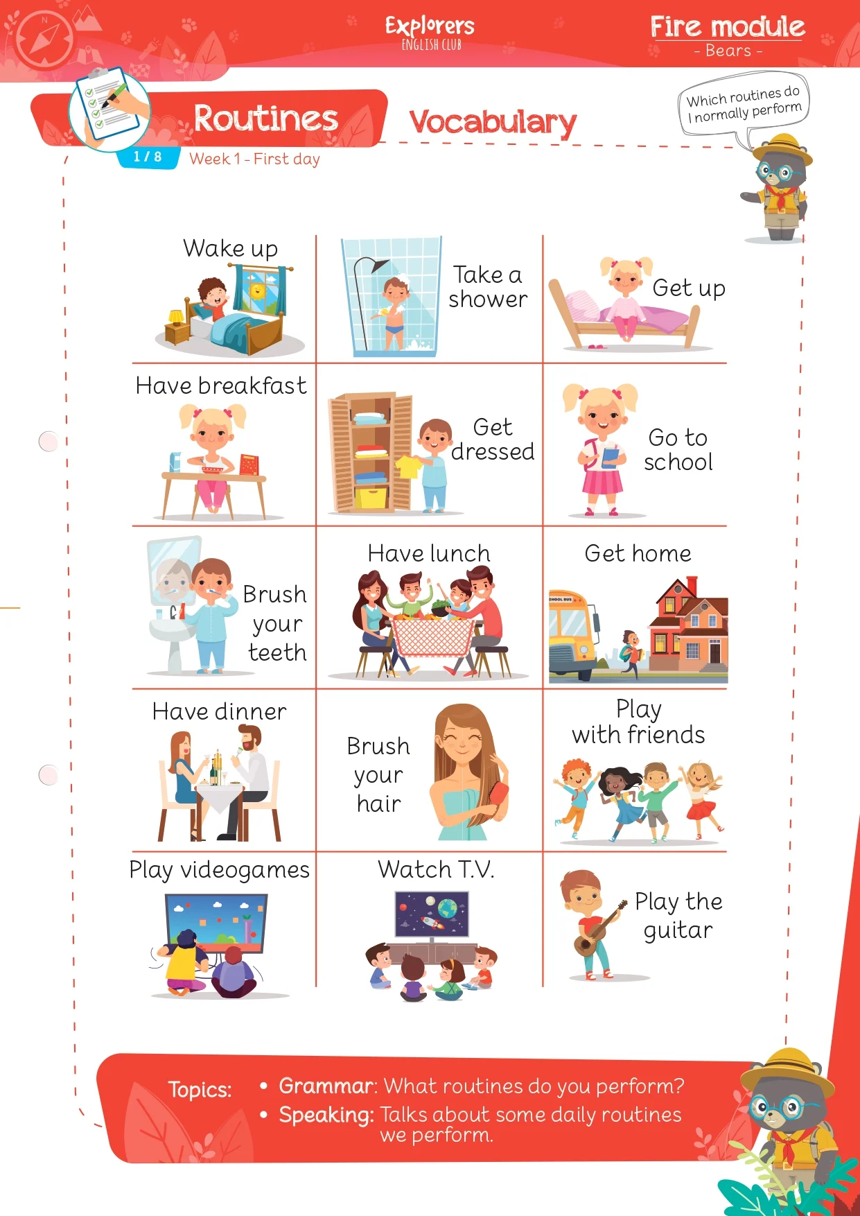 na hoja de vocabulario de Explorers English Club titulada "Routines Vocabulary" perteneciente al "Fire module - Bears". La imagen muestra una tabla con ilustraciones coloridas de niños y adultos realizando diferentes rutinas diarias junto con sus nombres en inglés.